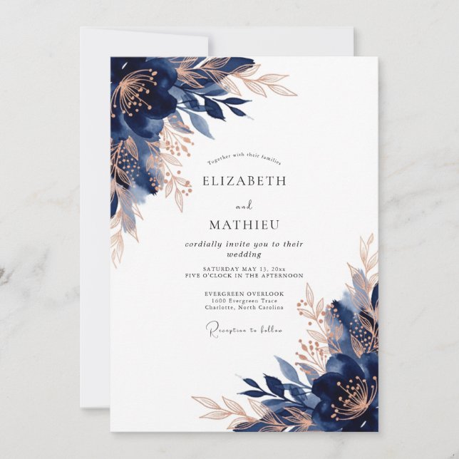 Convite Navy Rose Gold Opulent Winter Wedding (Frente)
