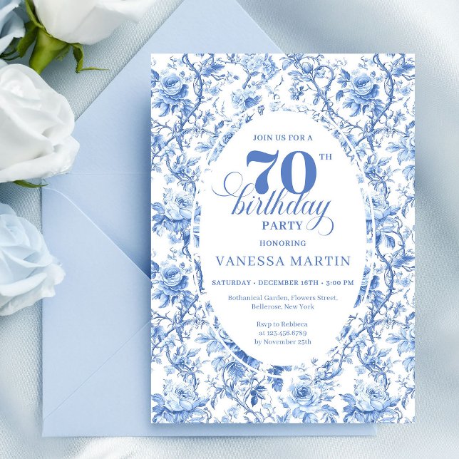 Convite Navy Roses Floral Elegant 70th Birthday Invitation (Navy Roses Floral Elegant 70th Birthday Invitation)
