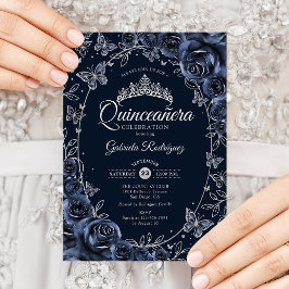 Convite Navy Silver Butterflies Roses Quinceanera