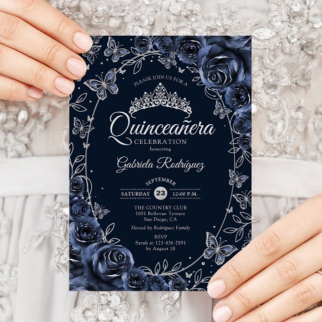 Convite Navy Silver Butterflies Roses Quinceanera (Criador carregado)