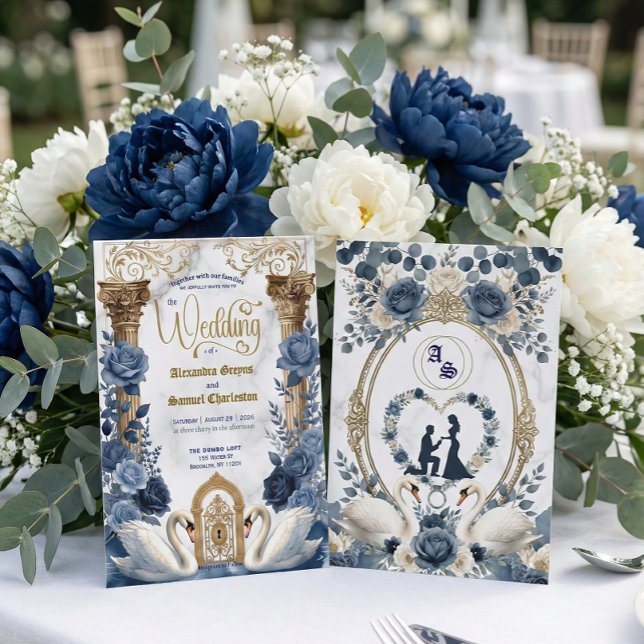 Convite Navy Slate Blue Watercolor Floral Wedding (Criador carregado)