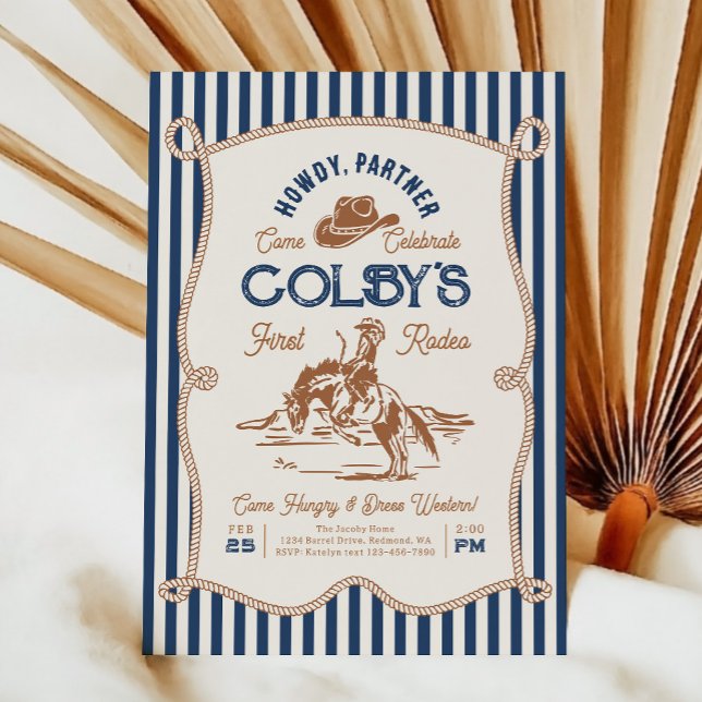 Convite Navy Stripe Rodeo Birthday Invitation (Criador carregado)