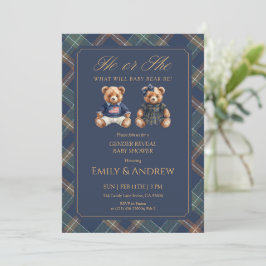 Convite Navy Tartan He or She Gender Reveal Baby Shower