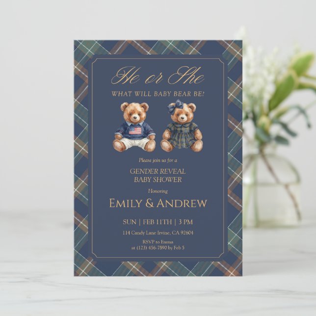 Convite Navy Tartan He or She Gender Reveal Baby Shower (Em pé/Frente)