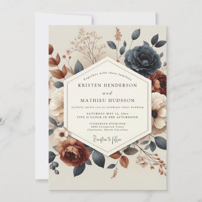 Convite Navy Terracotta Autumnal Bloom Wedding (Frente)