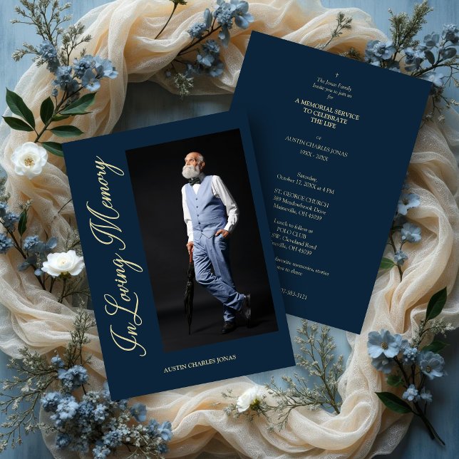 Convite Navy Traditional Elegant Golden Effect Photo (Navy Traditional & Elegant Golden Effect Photo Funeral Dear Ones Invitation with Envelope.)