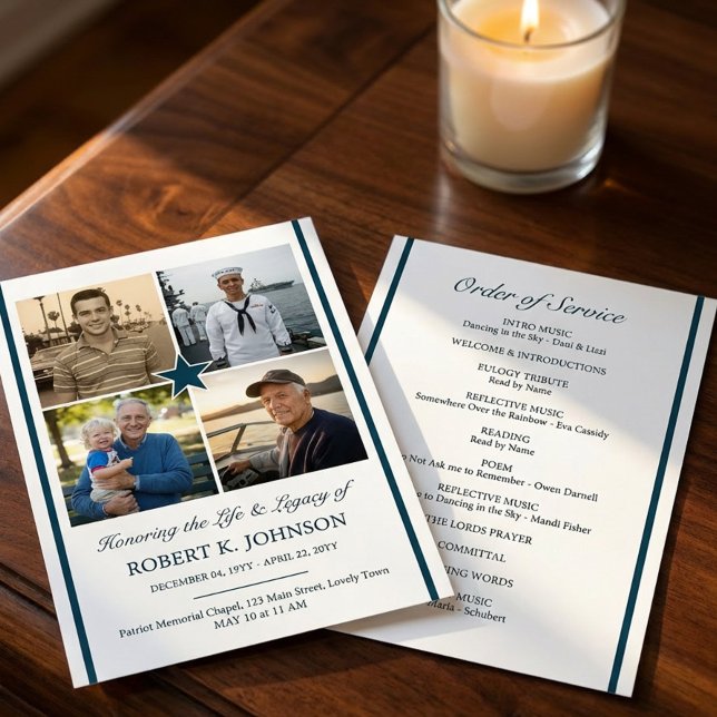 Convite Navy Veteran 4 Photo Collage Flat Funeral Program (Double sided Order of Service funeral program 4 photos - designed for Navy Veteran or ex-serviceman)