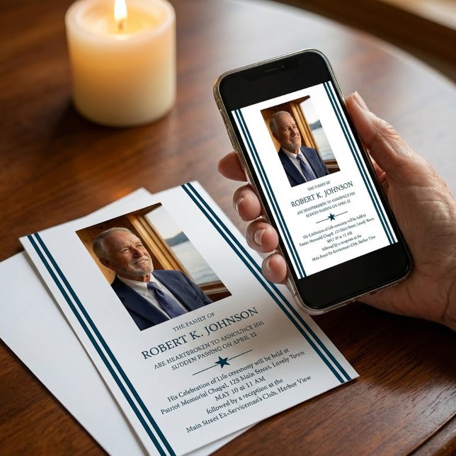 Convite Navy Veteran Photo Digital Death Notice Funeral (Death and Celebration of Life announcement - available printed or digital download for sharing)