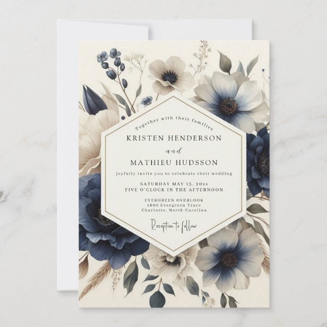 Convite Navy Vintage Blossom Wedding (Frente)