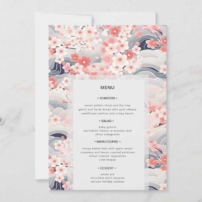 Convite Navy Waves Sakura Floral Modern Wedding Menu (Frente)