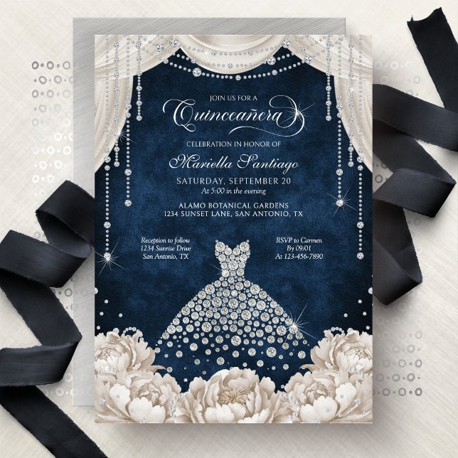 Convite Navy White Diamond Floral Quinceanera Invitation (Criador carregado)