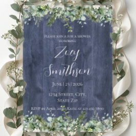 Convite Navy Wood Eucalyptus Bridal Shower Invitation
