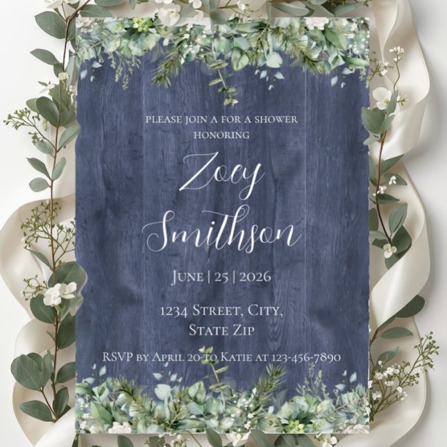 Convite Navy Wood Eucalyptus Bridal Shower Invitation (Criador carregado)