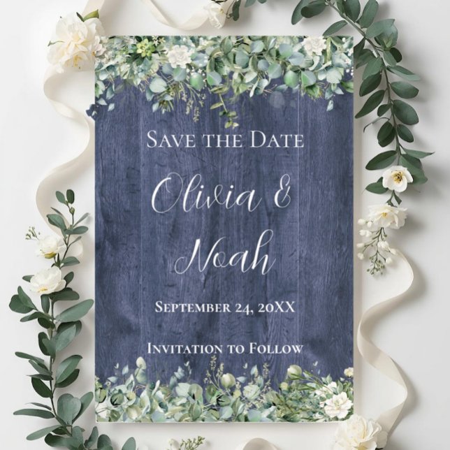Convite Navy Wood Eucalyptus Save the Date | Rustic (Criador carregado)