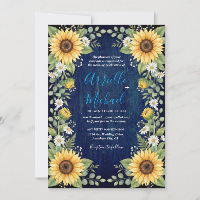 Convite Navy Wood Sunflower Wedding Invitation Rustic (Frente)