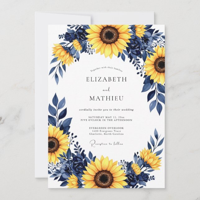 Convite Navy Yellow Bold Sunflower Wedding (Frente)