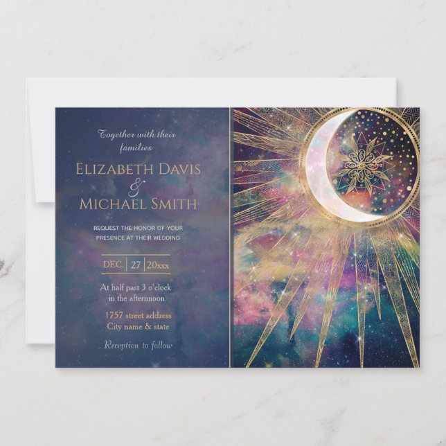 Convite Nebulosa Colorida Dourada Doodles Sun Moon Mandala (Frente)