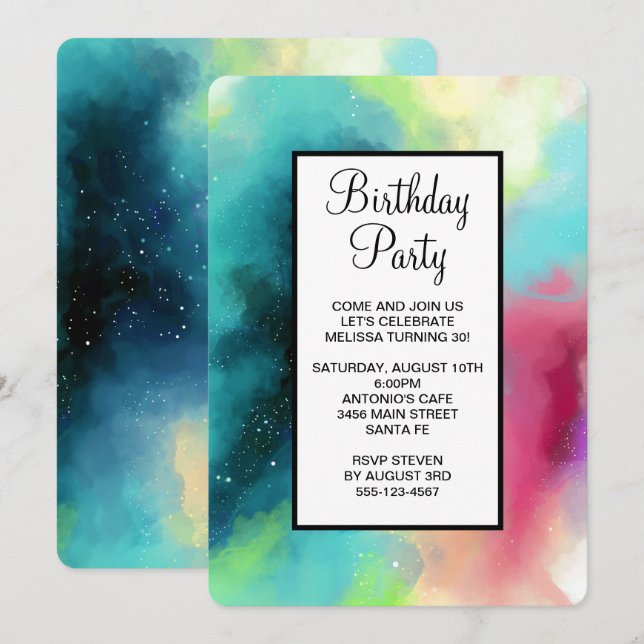 Convite Nebulosa Espacial Verde e Vermelho Moderno Aquarel (Frente/Verso)