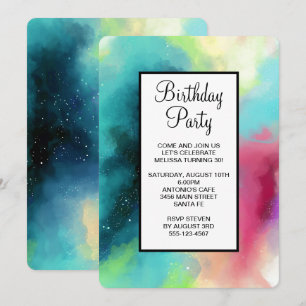 Convite Nebulosa Espacial Verde e Vermelho Moderno Aquarel