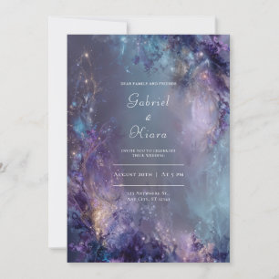 Convite Nebulosa Etérea Violeta Azul Dourado Casamento Fan