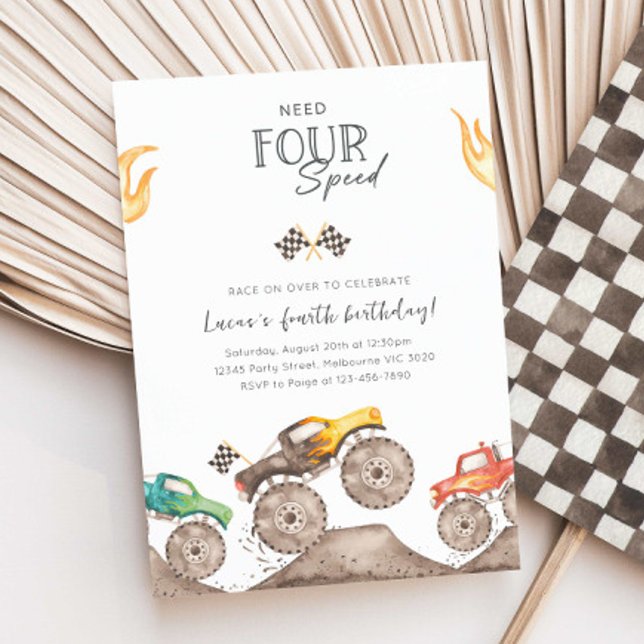 Convite Need Four Speed Monster Truck 4th Birthday Bash (Criador carregado)