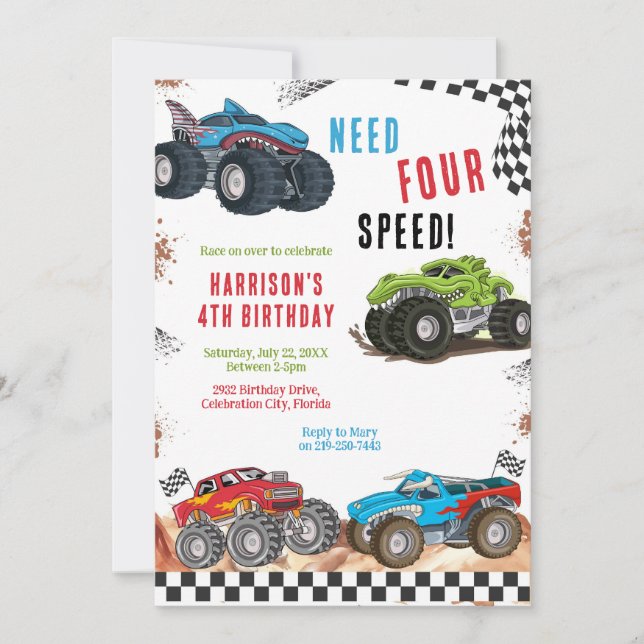 Convite Need Four Speed Monster Truck Boy 4th Birthday  (Frente)