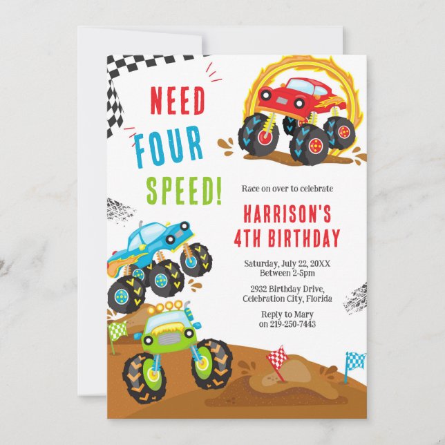 Convite Need Four Speed Monster Truck Boy 4th Birthday (Frente)