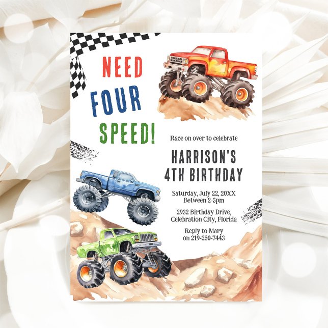 Convite Need Four Speed Monster Truck Boy 4th Birthday (Criador carregado)