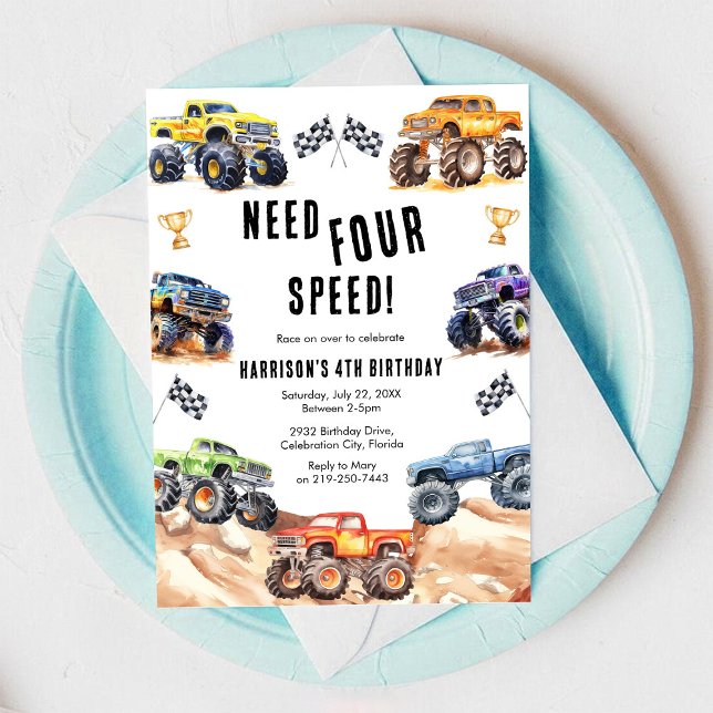 Convite Need Four Speed Monster Truck Boy 4th Birthday  (Criador carregado)