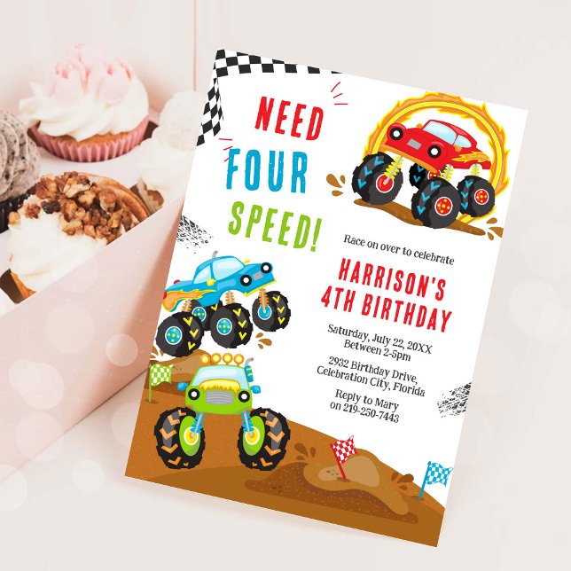 Convite Need Four Speed Monster Truck Boy 4th Birthday (Criador carregado)