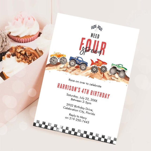 Convite Need Four Speed Monster Truck Boy 4th Birthday (Criador carregado)