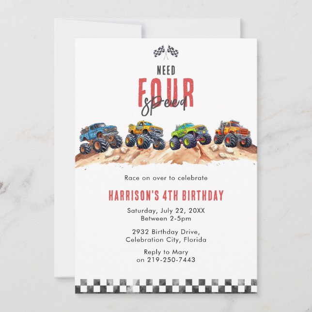 Convite Need Four Speed Monster Truck Boy 4th Birthday Inv (Frente)