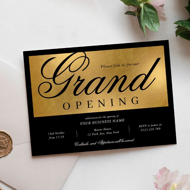 Convite Negócios de Elegante de Grande Abertura Preto e Do (Elegant black and gold foil effect Business Grand Opening Invitation)