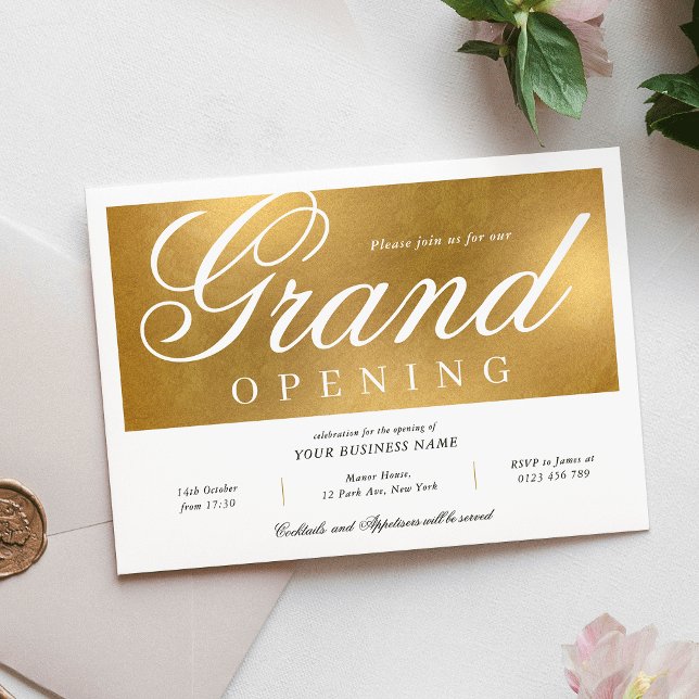 Convite Negócios de Elegante e Grande Abertura Dourada de  (Elegant & Chic Gold Grand Opening Event Business Invitation)
