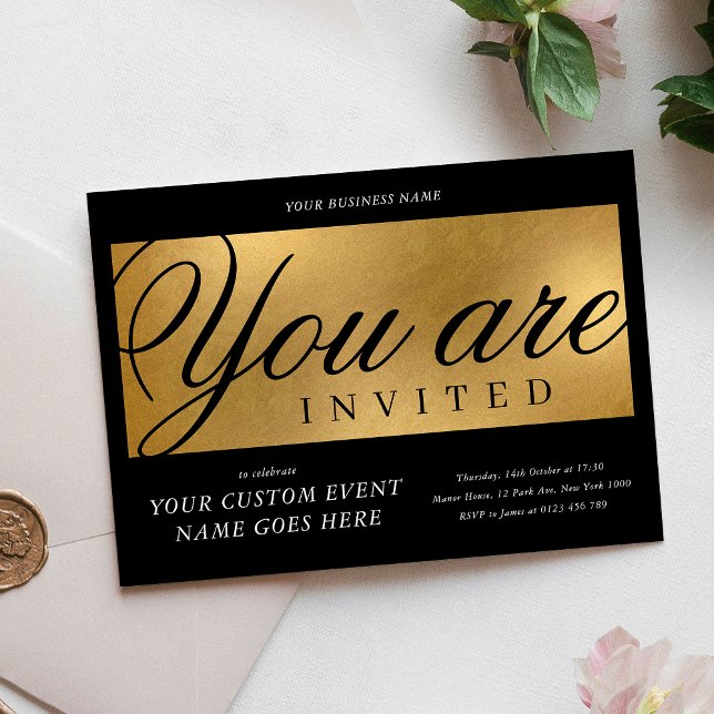 Convite Negócios do Janto anual Black & Dourado Character  (Elegant black and gold foil effect Corporate Event Business Invitation)