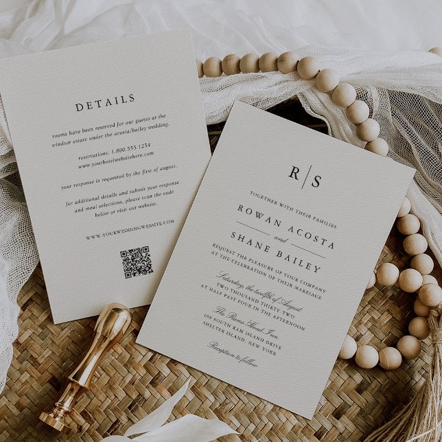 Convite Negra Clássica e Monograma Ecru Tudo em Um Casamen (Criador carregado)