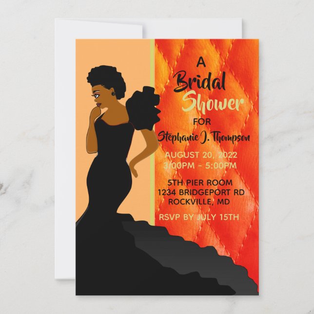 Convite Negra e Pêssego Quilados Bridal Afro-Americana (Frente)