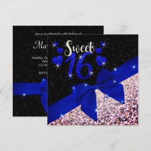 Convite Negra e Real Blue Glittery Sweet 16 Invite