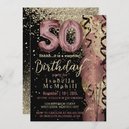 Convite Negra e Rosa Dourada Brilhante 50º aniversário