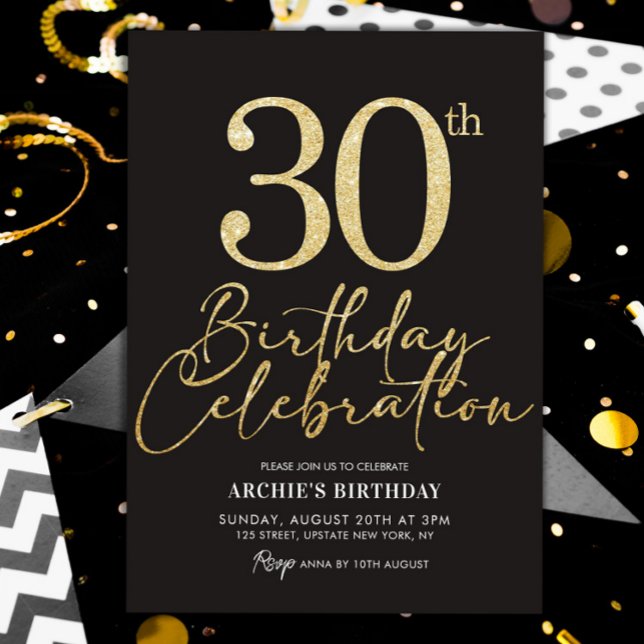 Convite Negra Elegante do Partido aniversário de 30 anos e (30th Birthday invitation Adult Personalized Template Black and gold)