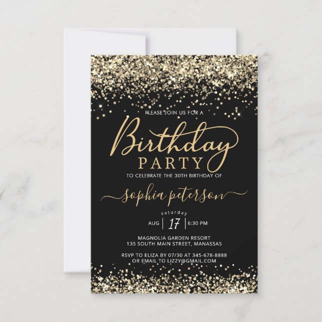 Convite Negra Elegante e Leve Dourada Qualquer Aniversário (Frente)