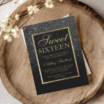 Convite Negra escura, ouro-relâmpago, chic elegante Sweet<br><div class="desc">Um moderno,  bonito e elegante chá brilhante preto e preto com bloco preto colorido Sweet 16 com padrão ombre dourado. Perfeito para uma princesa Doce e dezesseis,  perfeito para ela,  a moda que ama o padrão moderno e o brilho</div>