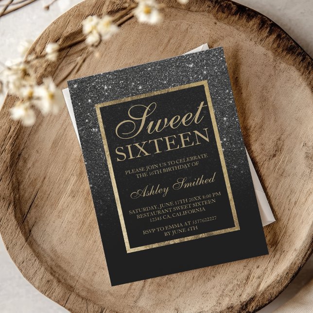 Convite Negra escura, ouro-relâmpago, chic elegante Sweet  (Faux black glitter gold elegant chic Sweet 16 Invitation)