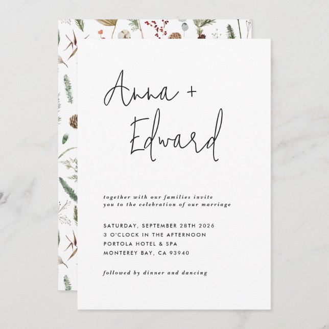 Convite Negra floral floral preto-e-branco de casamento (Frente/Verso)