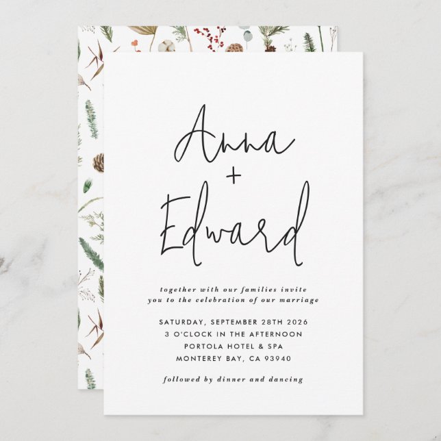 Convite Negra floral floral preto-e-branco de casamento (Frente/Verso)