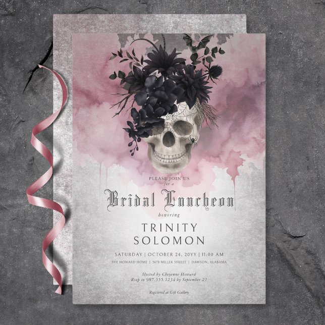 Convite Negra Gótica e Borgonha Floral Crânio Bridal (Gothic Black & Burgundy Floral Skull Bridal Lunch Invitation)