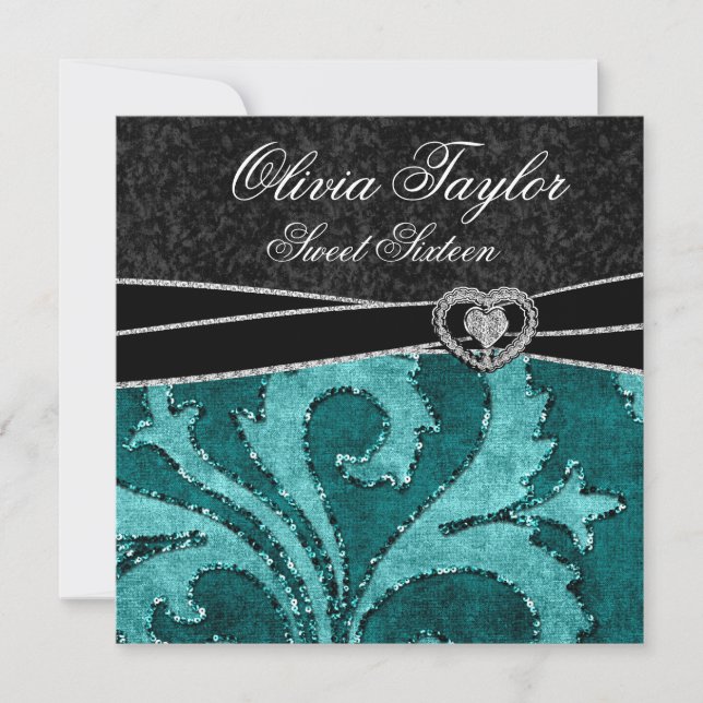 Convite Negra Jade Green Glitter Doce Dezesseis Aniversári (Frente)