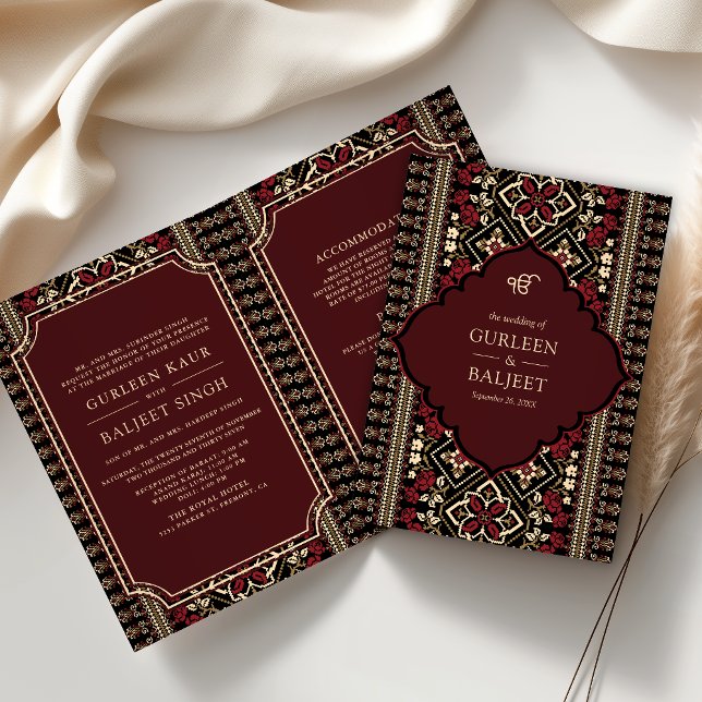 Convite Negra Maroon Red Ikat Tudo em Um Casamento Sikh (Criador carregado)