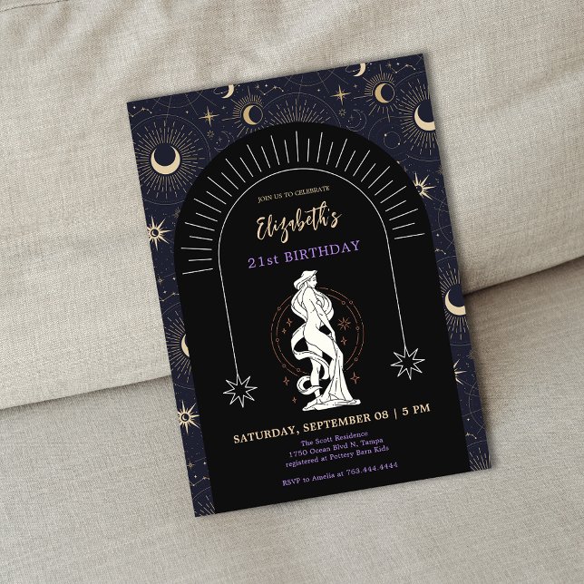 Convite Negra Mística Virgo Zodiac aniversário de 21 anos (Black Mystic Virgo Zodiac 21st Birthday Invitation)