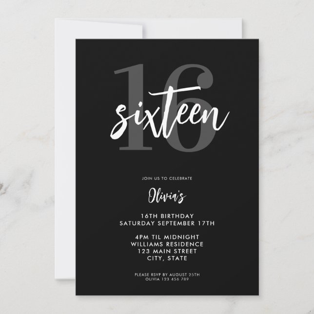 Convite Negra Moderna e Branco Elegante 16º Aniversário (Frente)